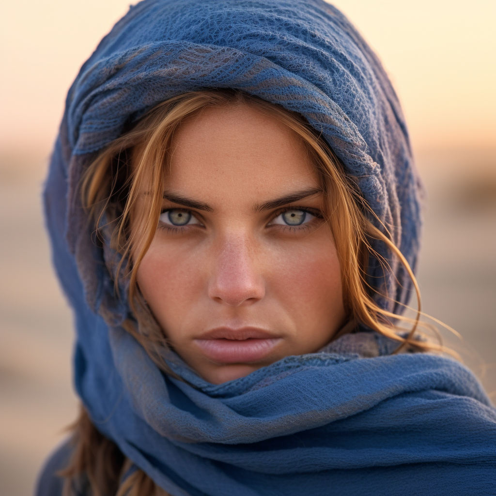 woman wearing blue scarf in the desert, intense gaze, detailed facial features, portait photography, background blur